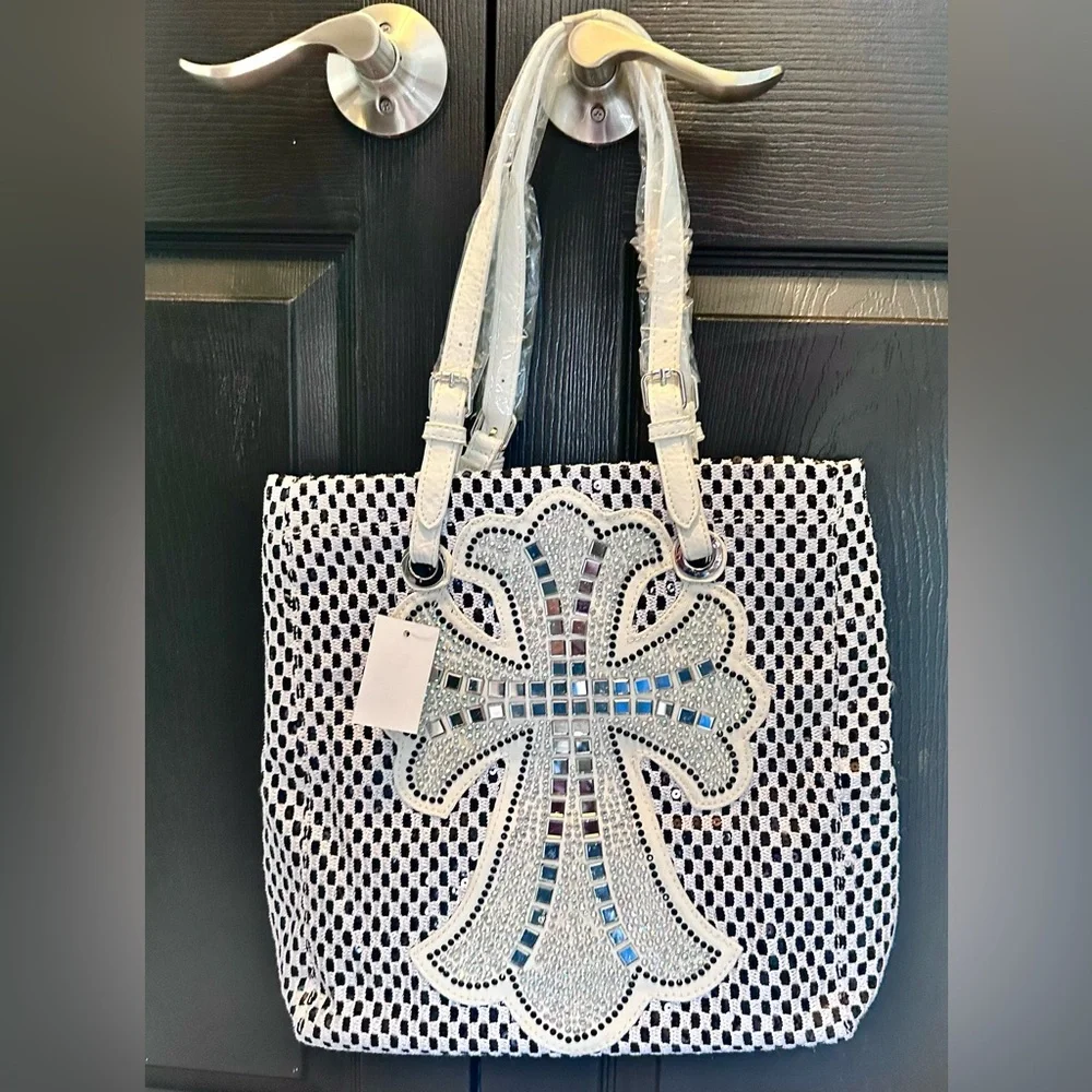 NWT White Woven Tote Bag with Decorative Cross Accent